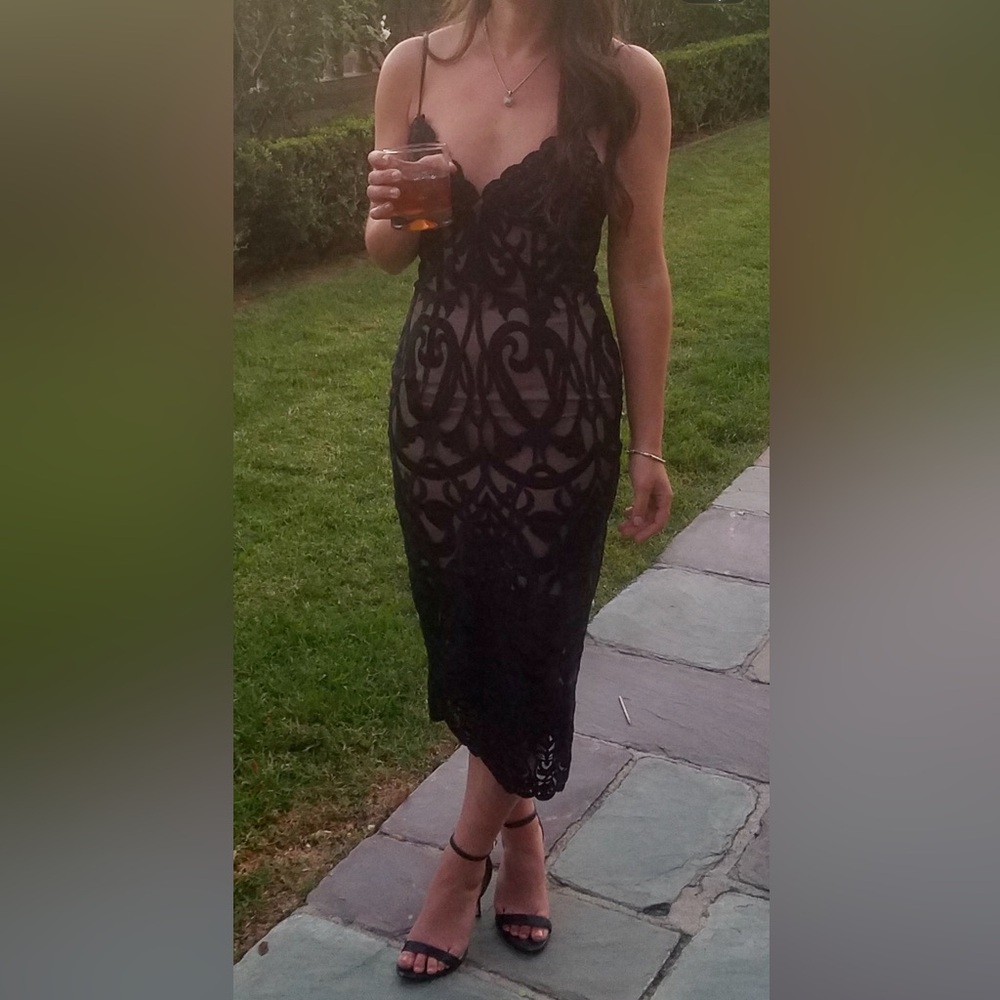 Bardot Black Lace Midi Dress with Sheer Nude Lining